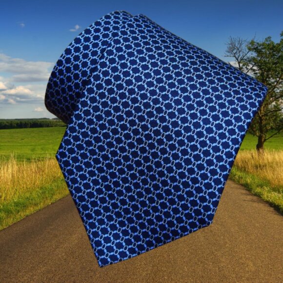 $490 BRIONI Navy Aqua Blue oval Geometric Luxury Handmade Italy Silk Neck Tie XL - Picture 1 of 12